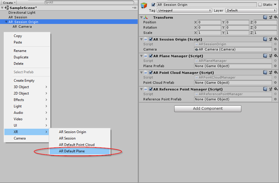 AR Default Plane Creating a new AR Default Plane GameObject